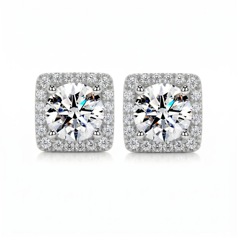 Square halo stud earrings featuring brilliant round lab-grown diamonds surrounded by a sparkling diamond halo on a white background.