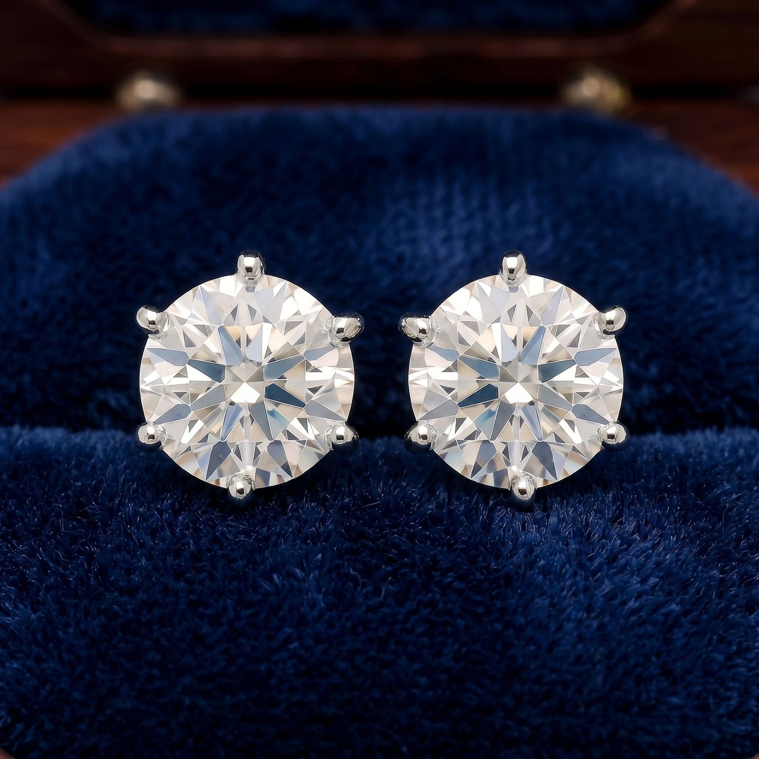 Lab Grown Diamond Stud Earrings on a blue fabric.