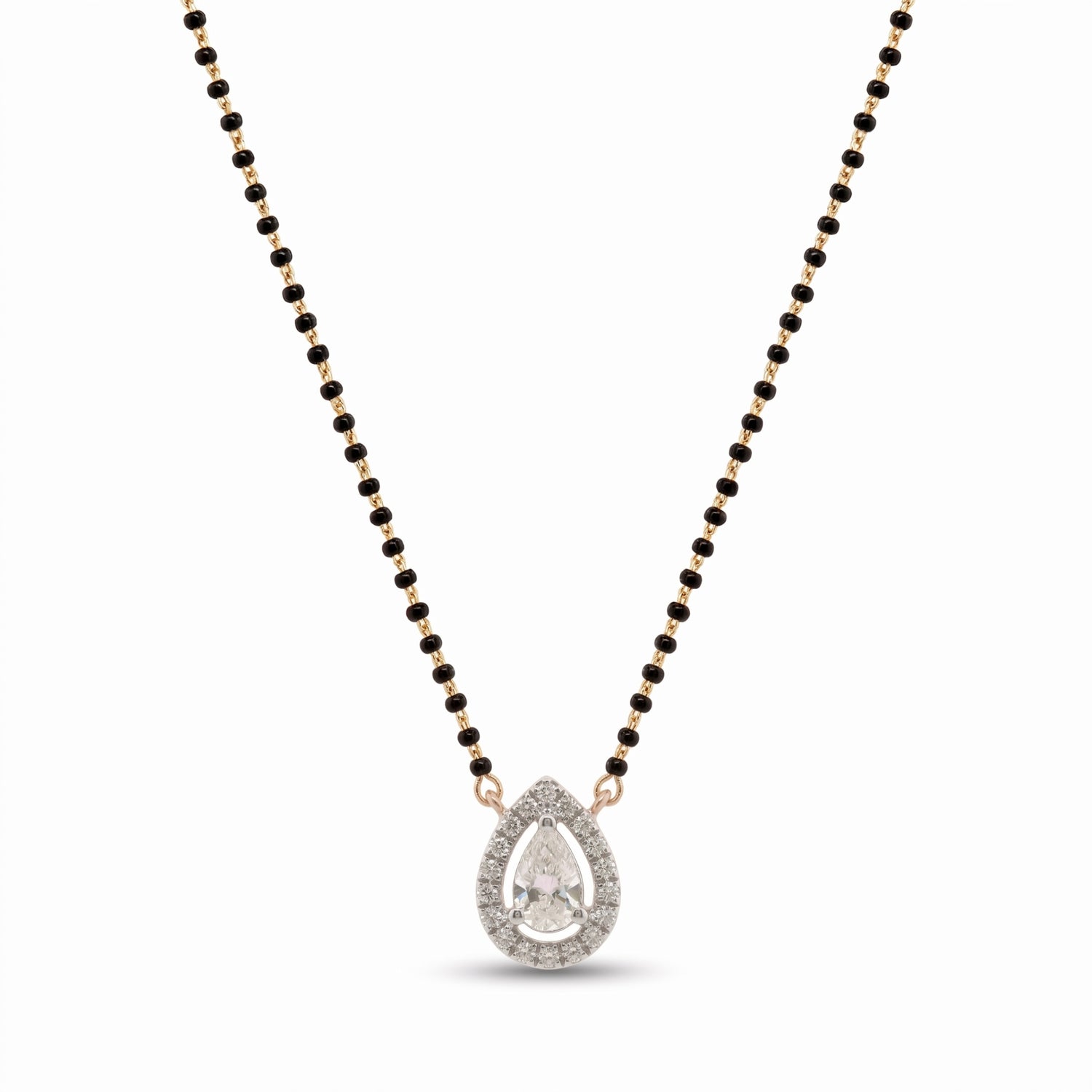 A teardrop-shaped pendant necklace featuring a clear pear-cut center stone surrounded by small clear stones, suspended on a black beaded chain with rose gold-toned accents, shown on a plain white background.