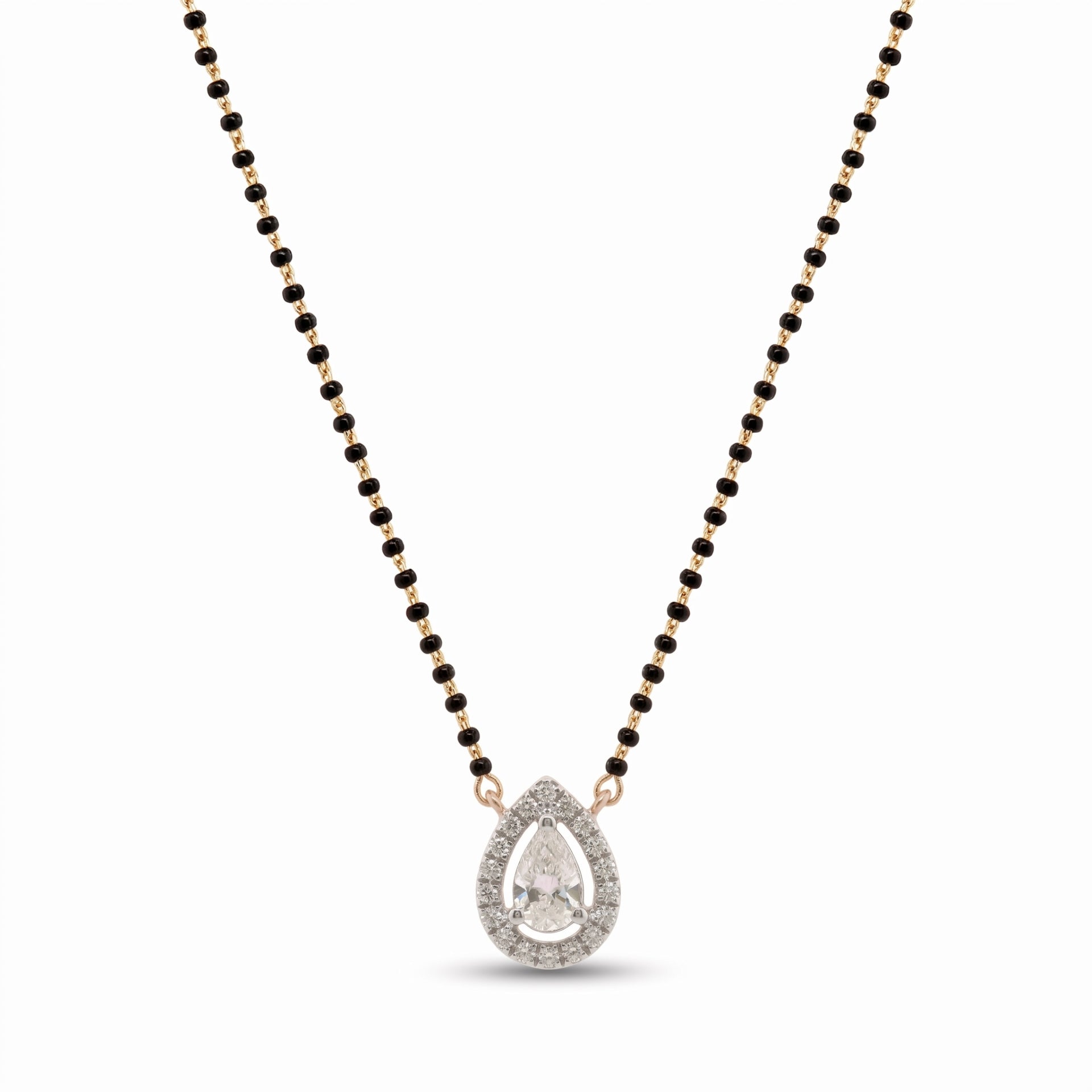 A teardrop-shaped pendant necklace featuring a clear pear-cut center stone surrounded by small clear stones, suspended on a black beaded chain with rose gold-toned accents, shown on a plain white background.
