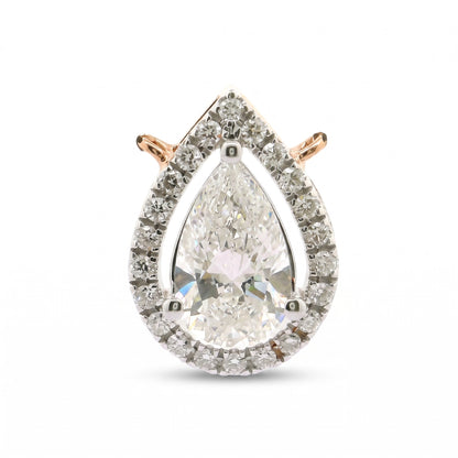 A pear-shaped halo diamond ring featuring a large central round-cut diamond surrounded by a double halo of smaller diamonds, set in a two-tone metal with a rose gold top and prongs.