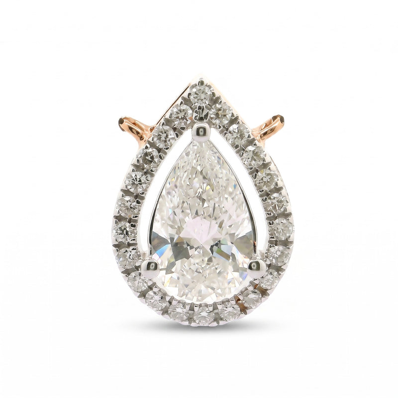 A pear-shaped halo diamond ring featuring a large central round-cut diamond surrounded by a double halo of smaller diamonds, set in a two-tone metal with a rose gold top and prongs.