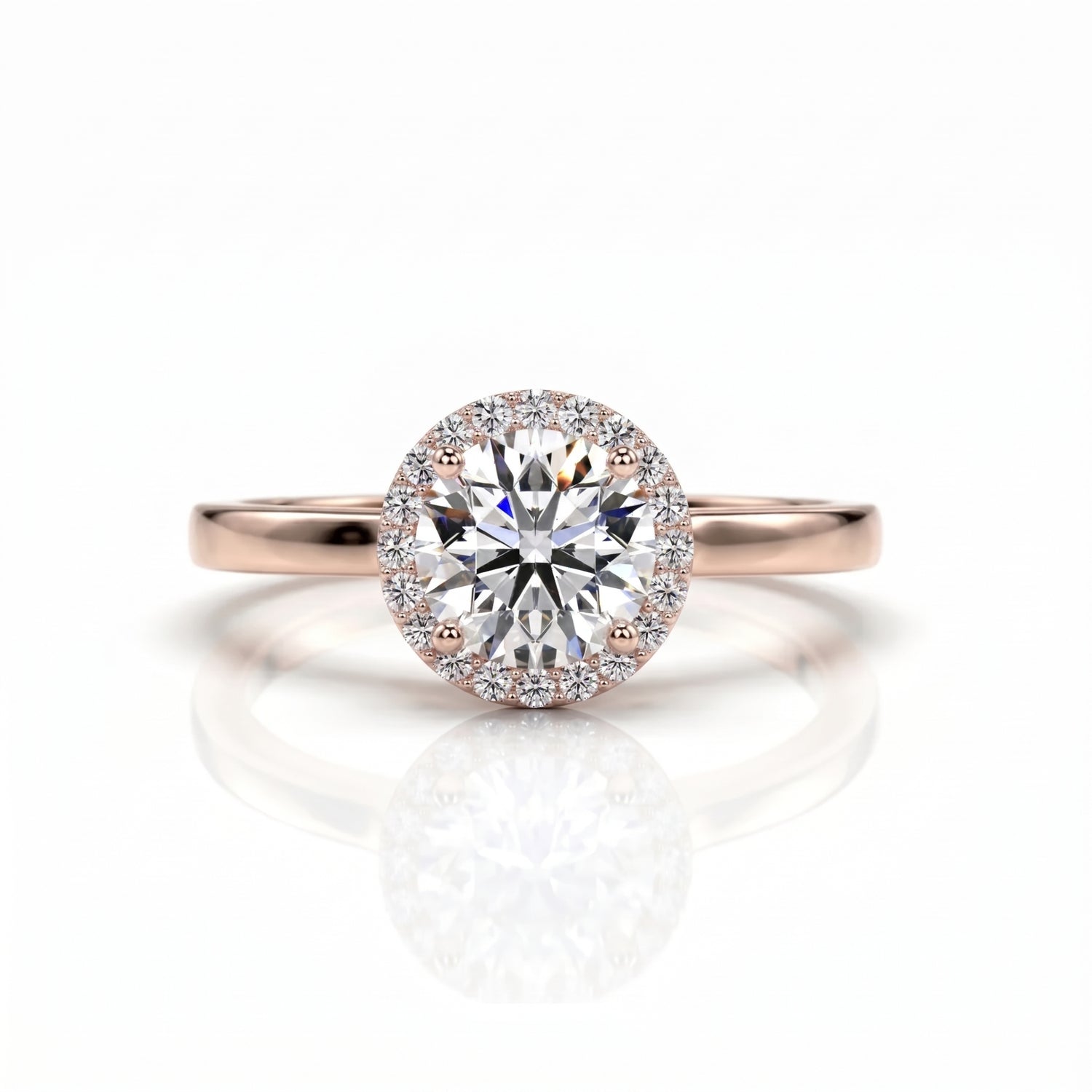 Rose gold ring with a large diamond on a white background