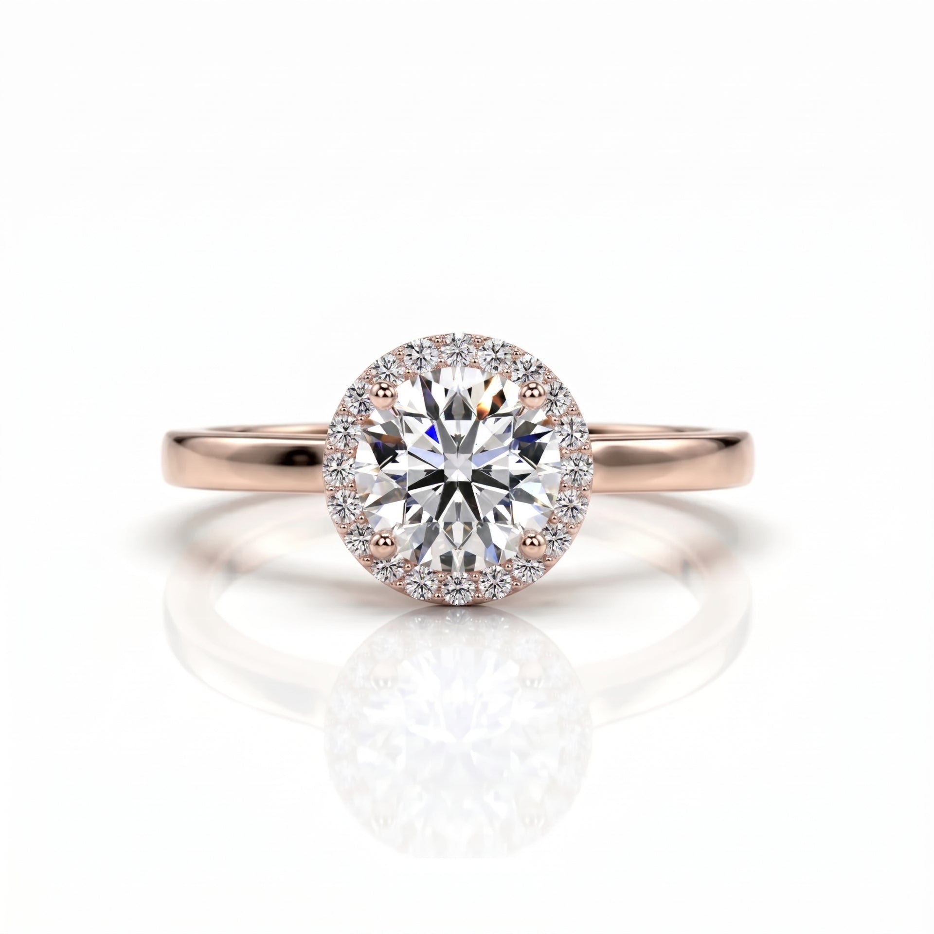 Rose gold ring with a large diamond on a white background