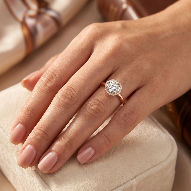 Hand wearing a rose gold diamond ring on a soft surface