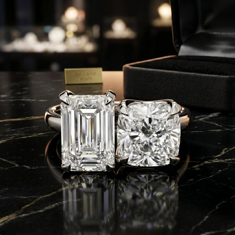 Diamond ring with emerald-cut and princess-cut stones on a dark marble surface.