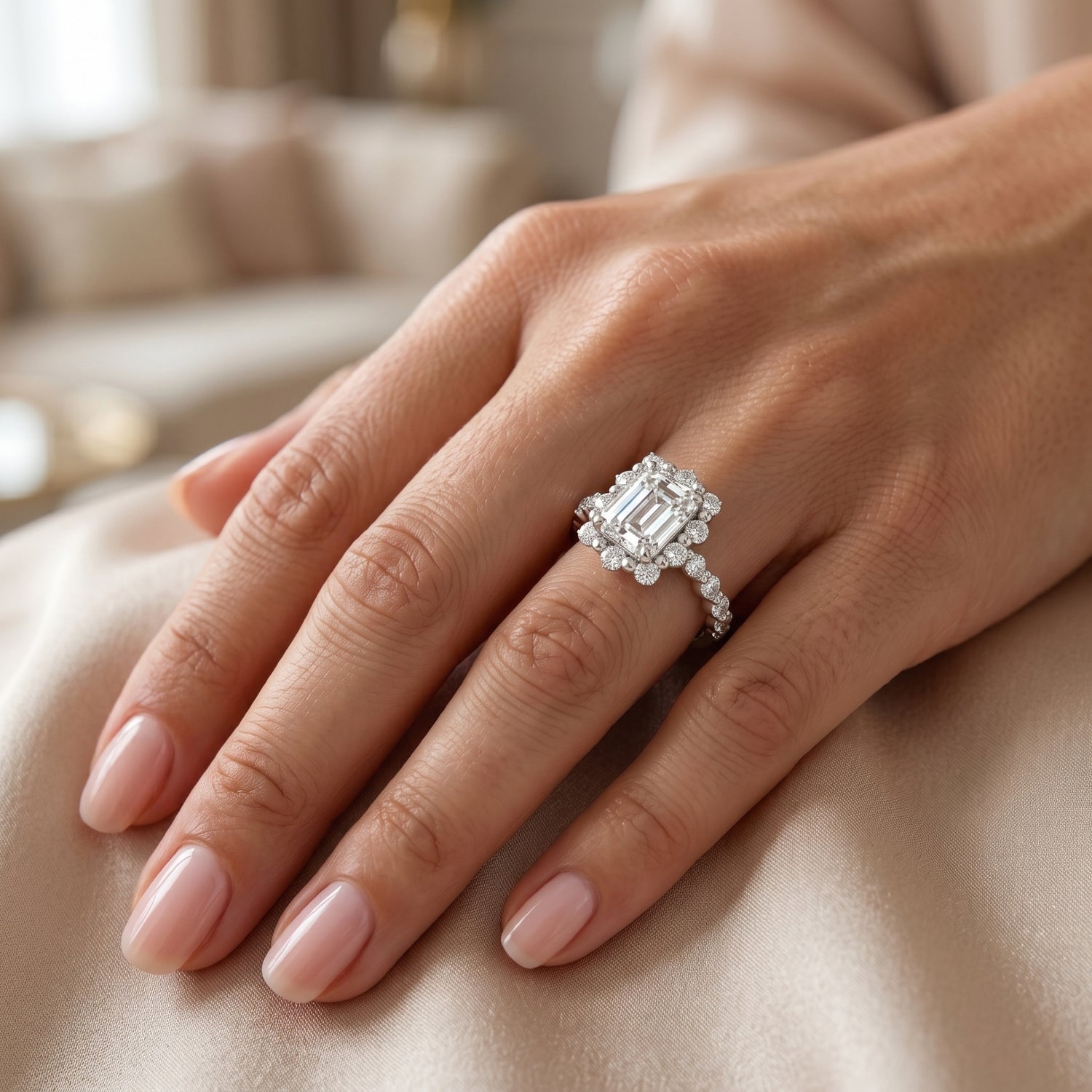Close-up of a hand wearing a diamond ring on a soft background