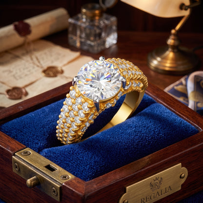 Gold diamond ring in a wooden box with &