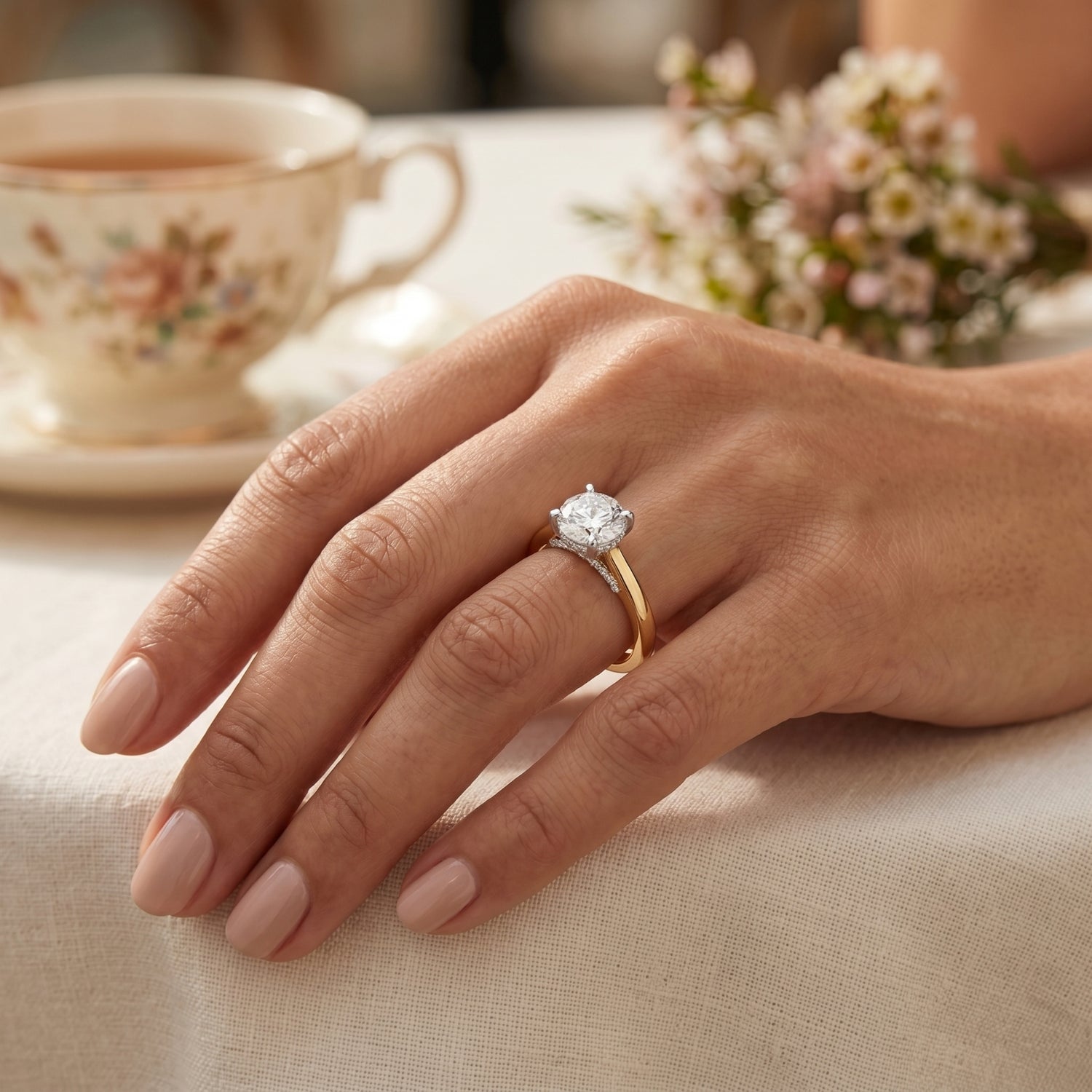 Hand wearing a gold ring with a diamond on a table with a teacup and flowers.