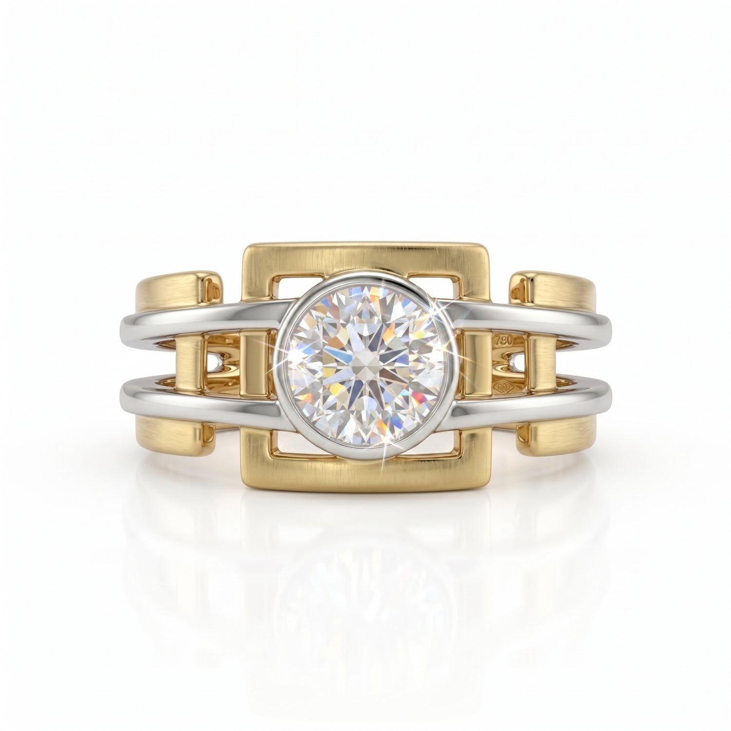 Two-tone gold and silver ring with a diamond on a white background