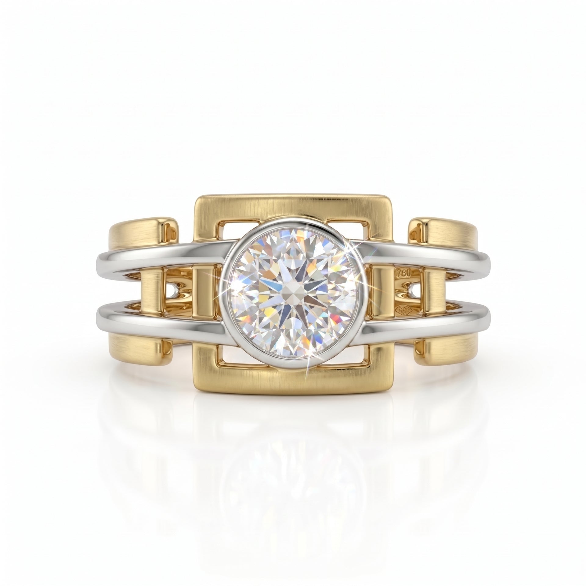 Two-tone gold and silver ring with a diamond on a white background