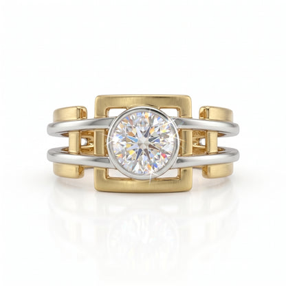 Two-tone gold and silver ring with a diamond on a white background