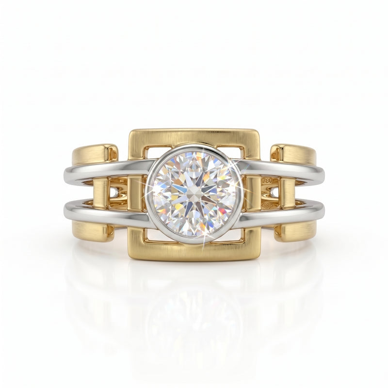 Two-tone gold and silver ring with a diamond on a white background