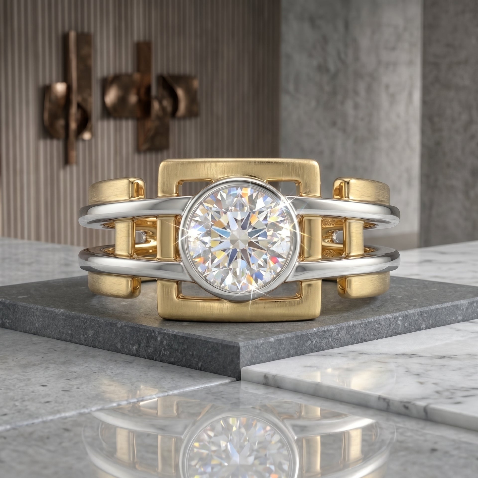 Gold and silver ring with a large diamond on a marble surface