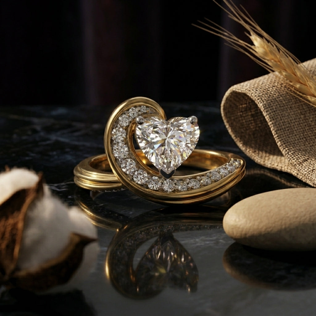 Gold ring with heart-shaped diamond on a dark surface with rustic elements