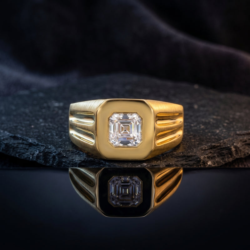 Gold ring with a diamond on a dark surface