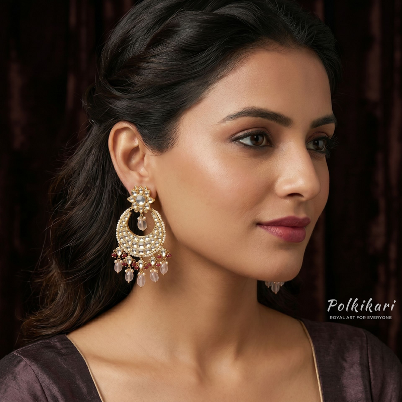 Rose-Quartz Aura Lab Grown Polki Earrings