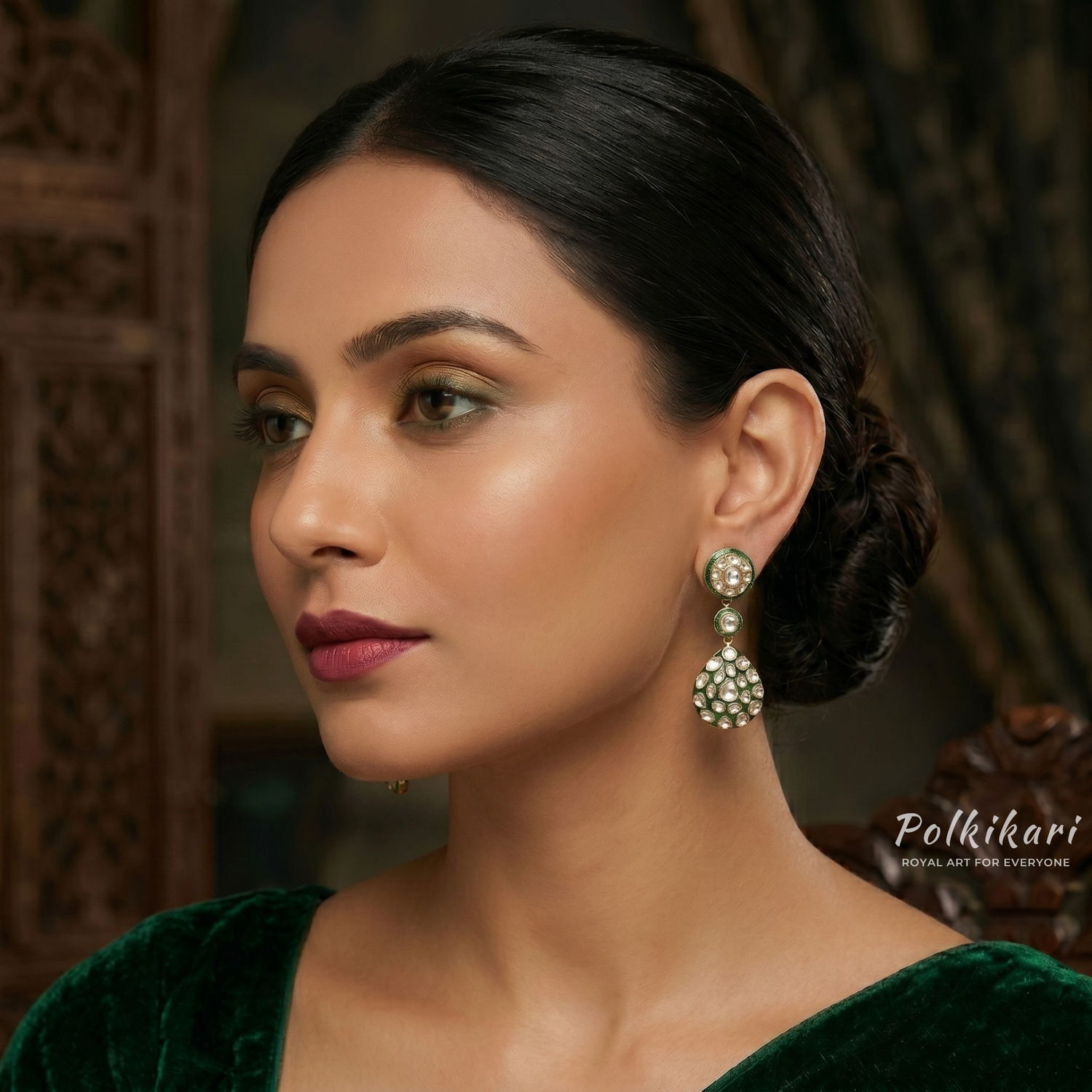 Jadeite Mosaic Drops Lab Grown Polki Earrings