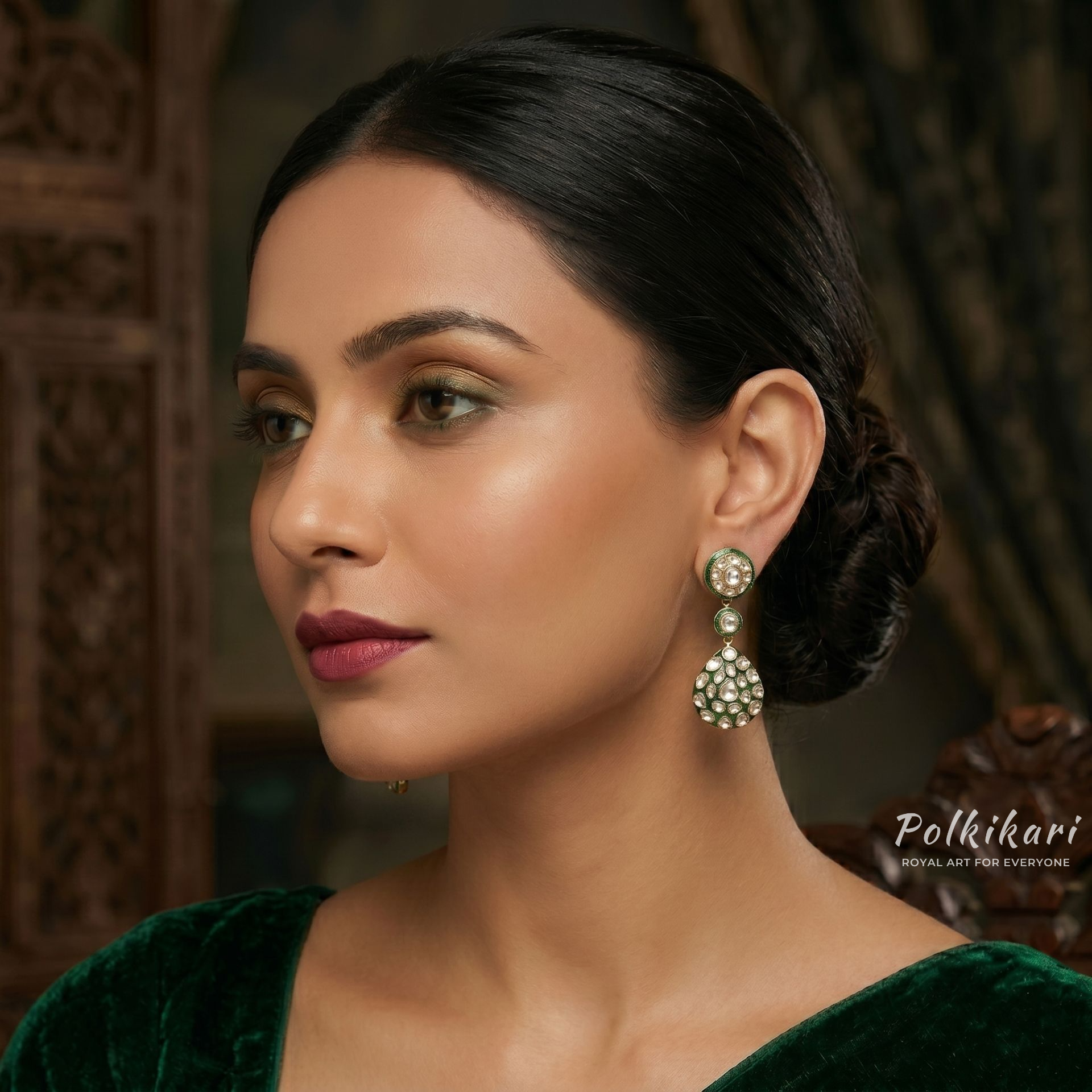 Jadeite Mosaic Drops Lab Grown Polki Earrings
