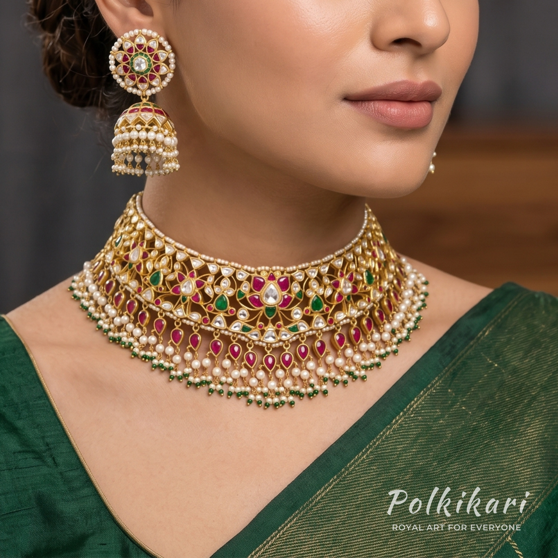 Crimson Lotus Lab Grown Polki Necklace Set