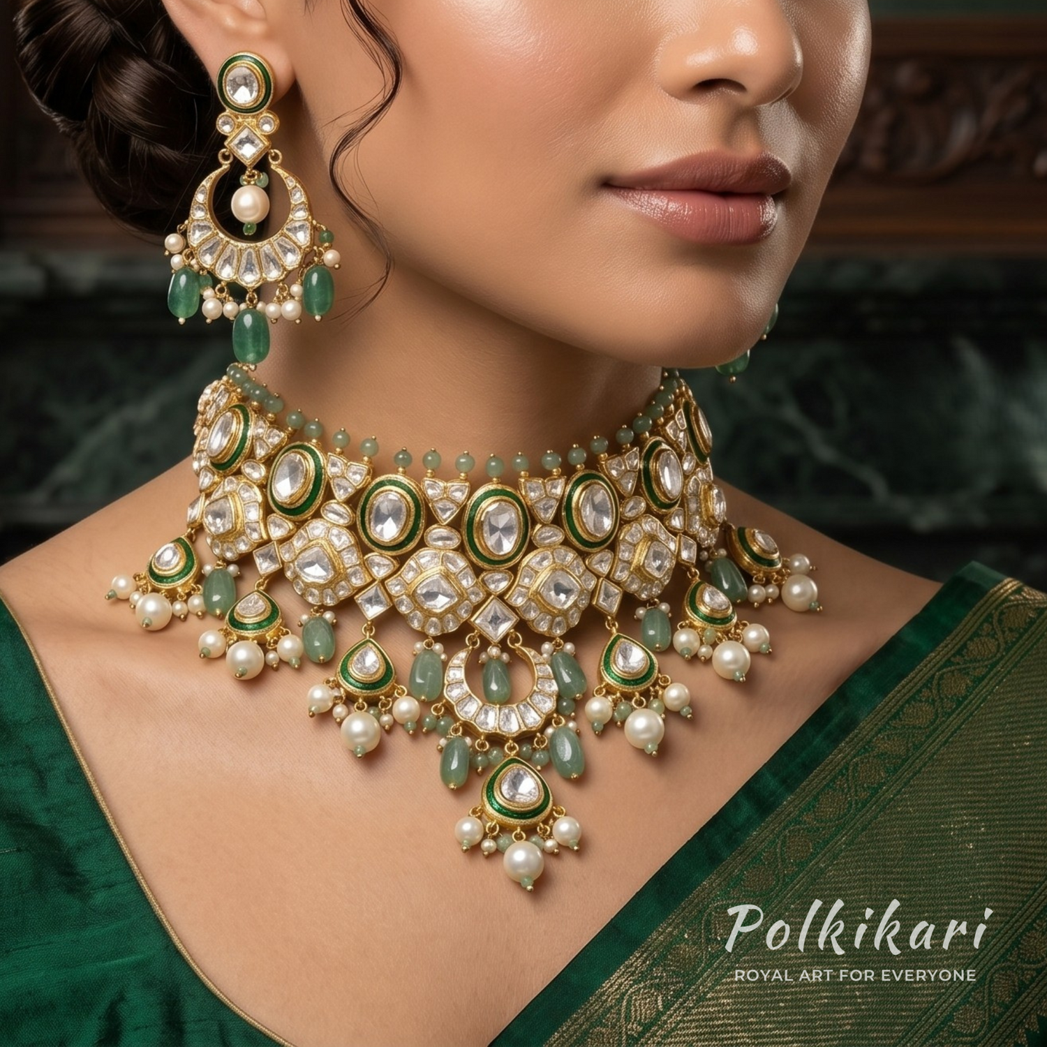 Verdant Crescent Lab Grown Polki Necklace Set