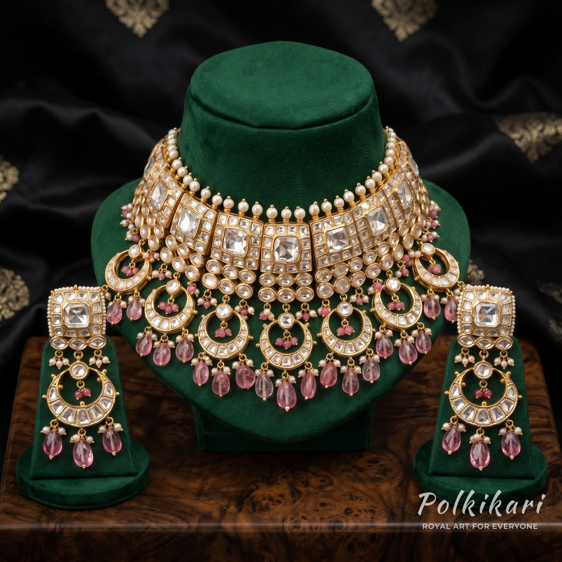 Quartz-Rose Radiance Lab Grown Polki Necklace Set