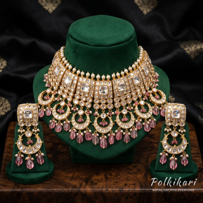 Quartz-Rose Radiance Lab Grown Polki Necklace Set
