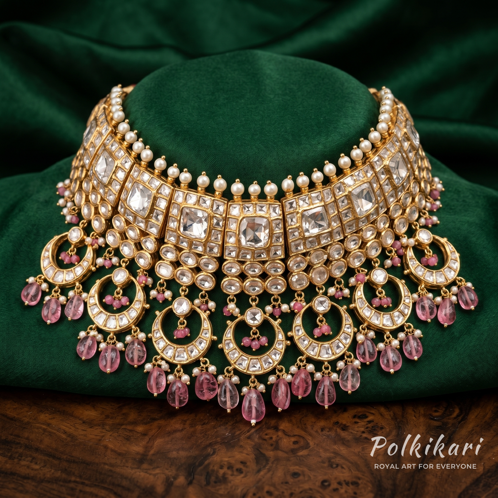 Quartz-Rose Radiance Lab Grown Polki Necklace Set