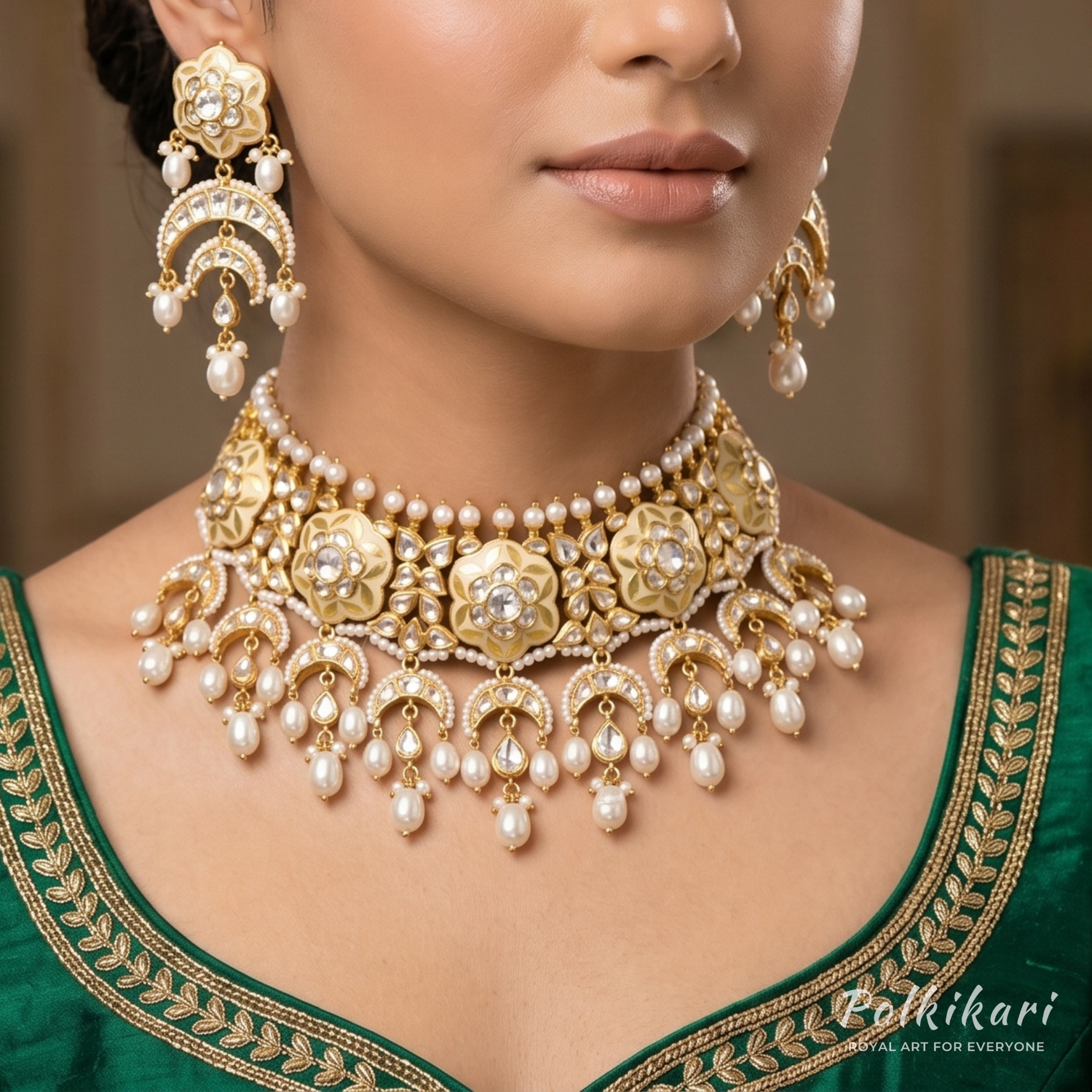 Lime-Enamel Lily Lab Grown Polki Necklace Set