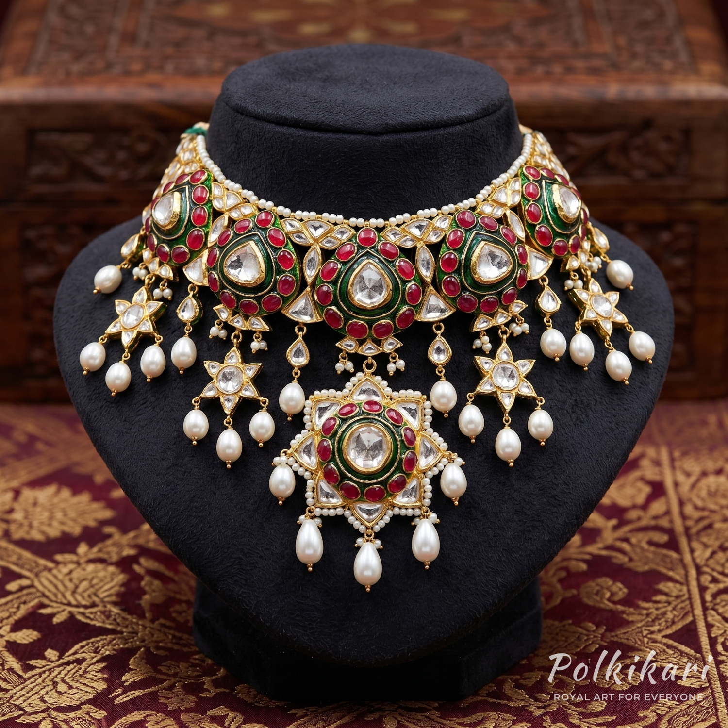 Ruby Lattice Majesty Lab Grown Polki Necklace Set