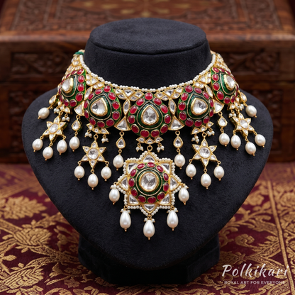 Ruby Lattice Majesty Lab Grown Polki Necklace Set
