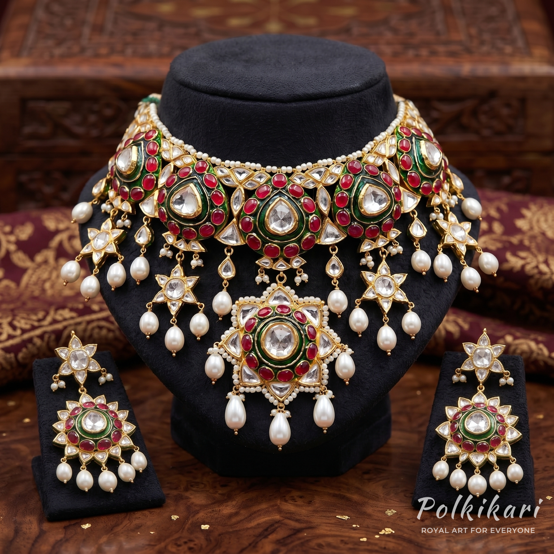 Ruby Lattice Majesty Lab Grown Polki Necklace Set