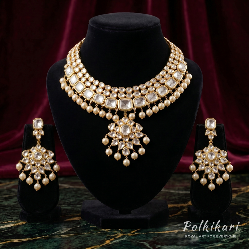 Ivory Halo Suite Lab Grown Polki Necklace Set