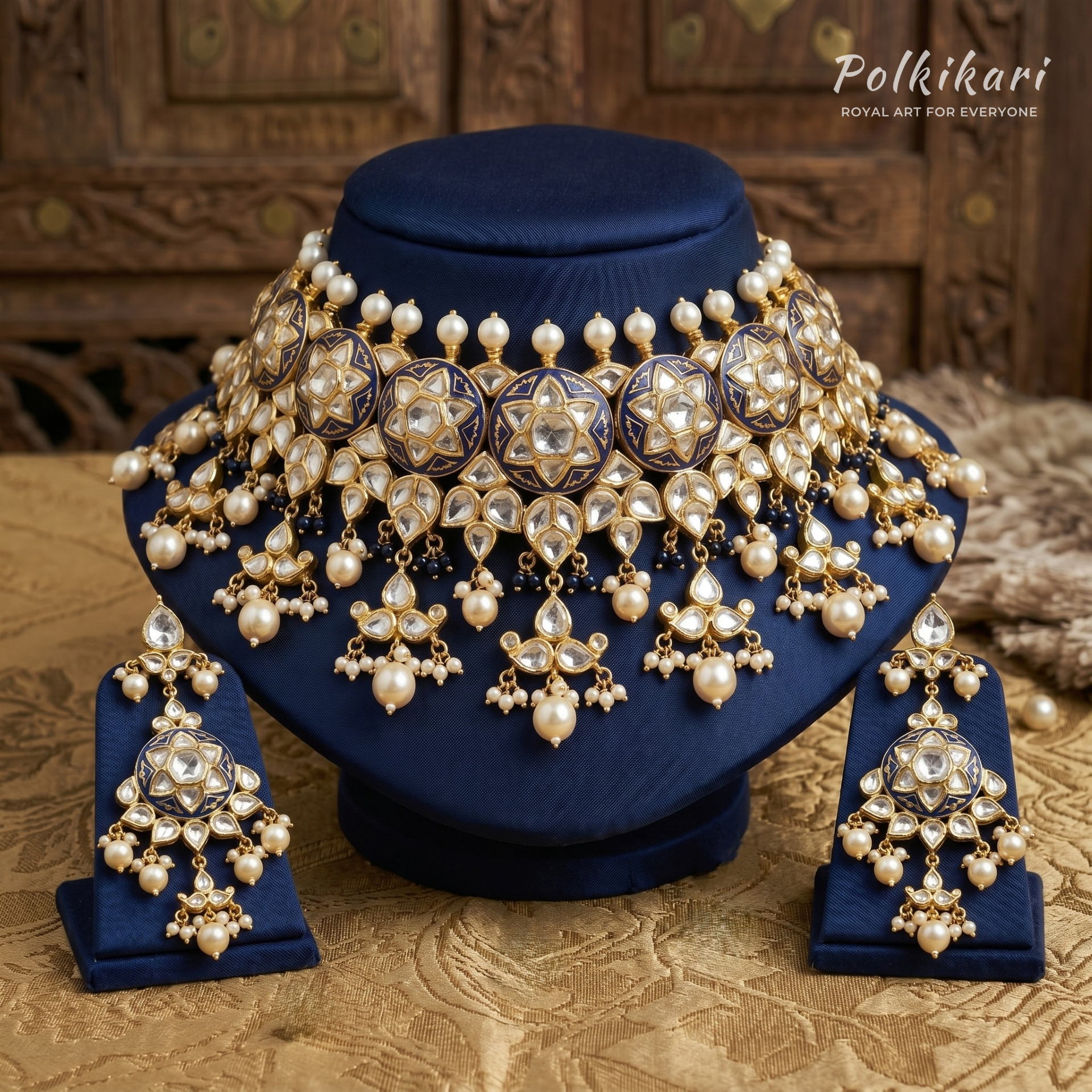 Royal Cobalt Heirloom Lab Grown Polki Necklace Set