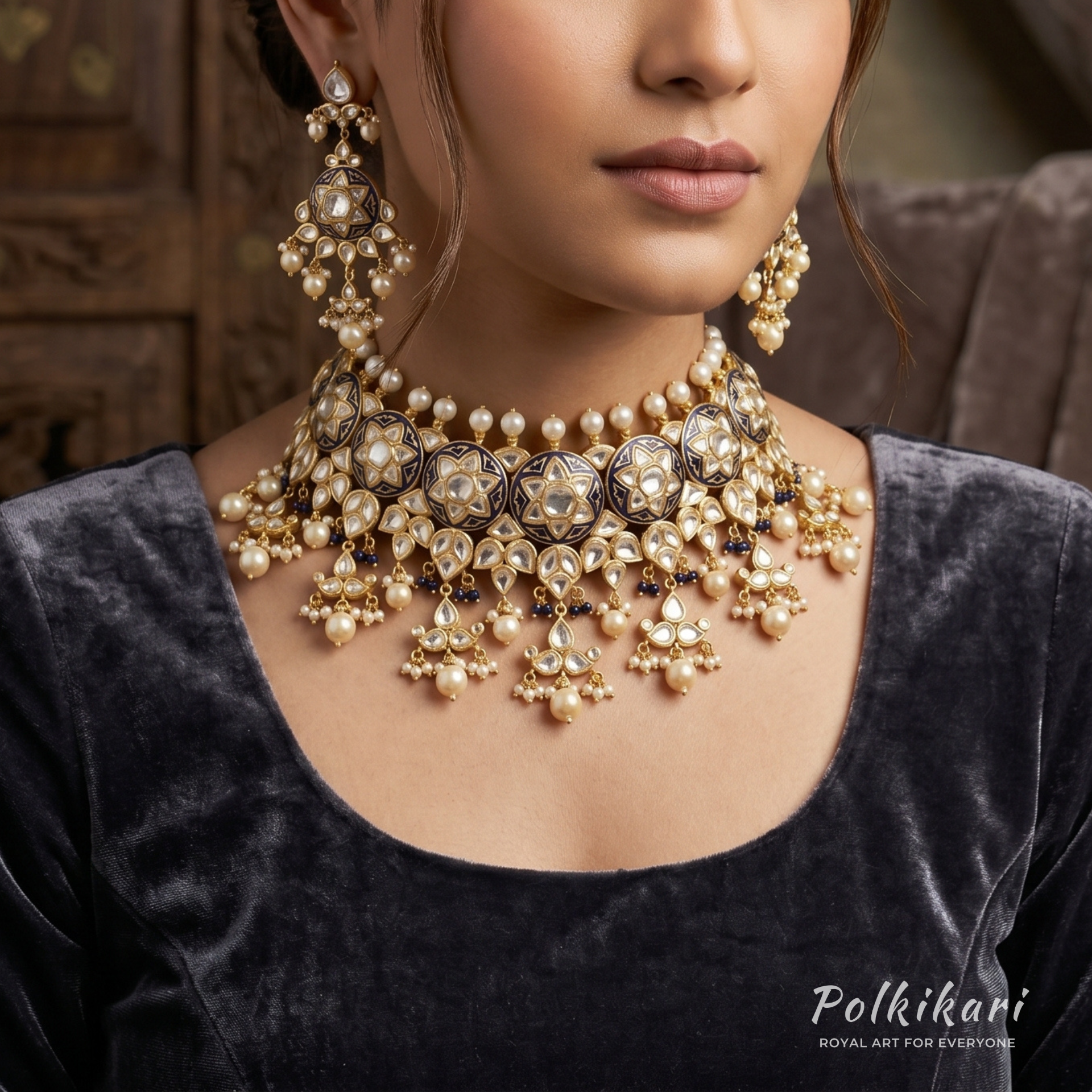 Royal Cobalt Heirloom Lab Grown Polki Necklace Set