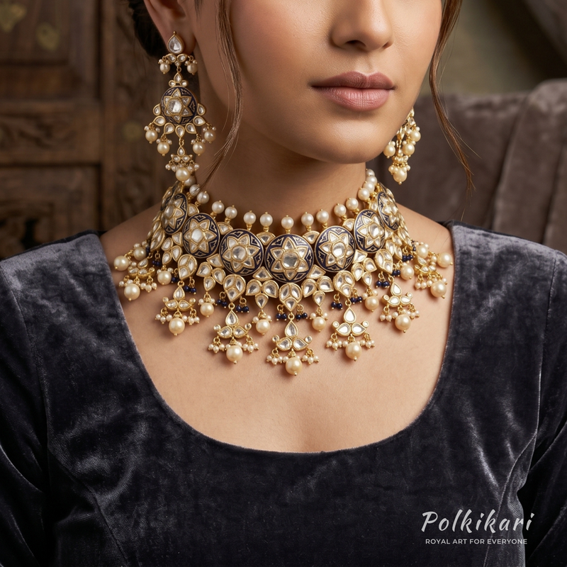 Royal Cobalt Heirloom Lab Grown Polki Necklace Set