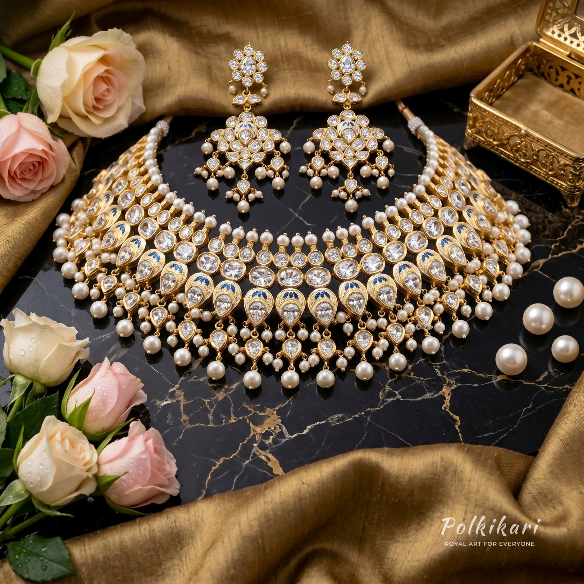 Blue-Veined Radiance Lab Grown Polki Necklace Set