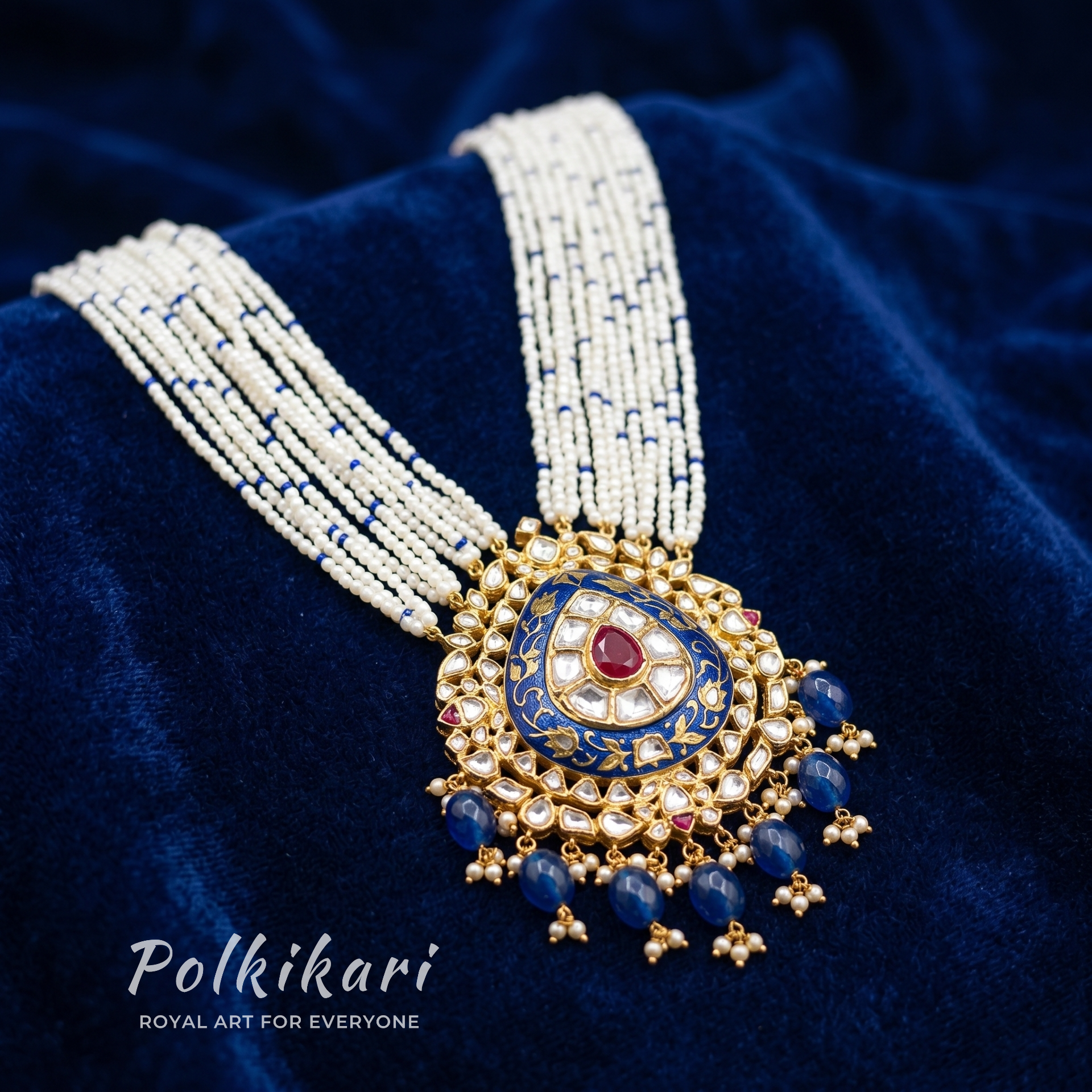 Navy Majesty Lab Grown Polki Pendant Set