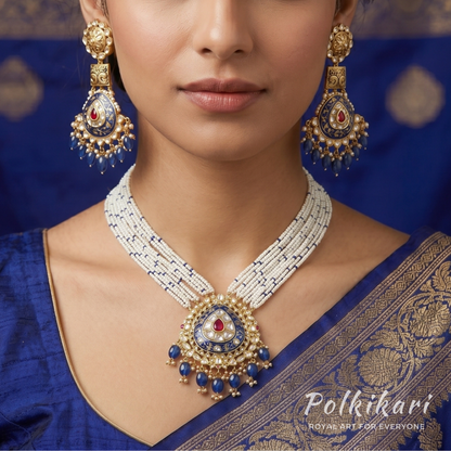 Navy Majesty Lab Grown Polki Pendant Set