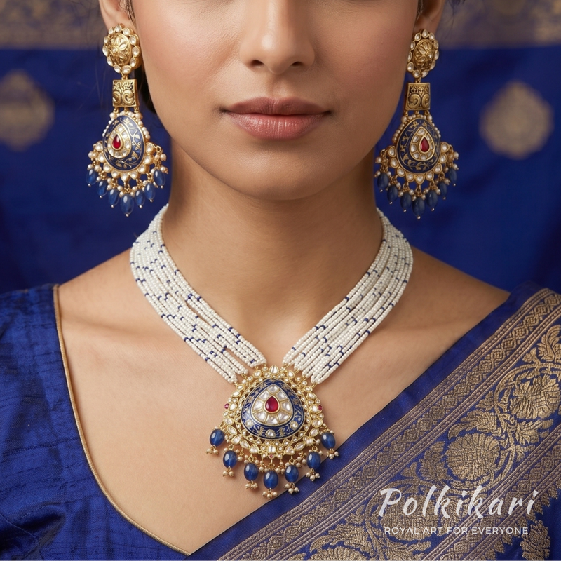 Navy Majesty Lab Grown Polki Pendant Set