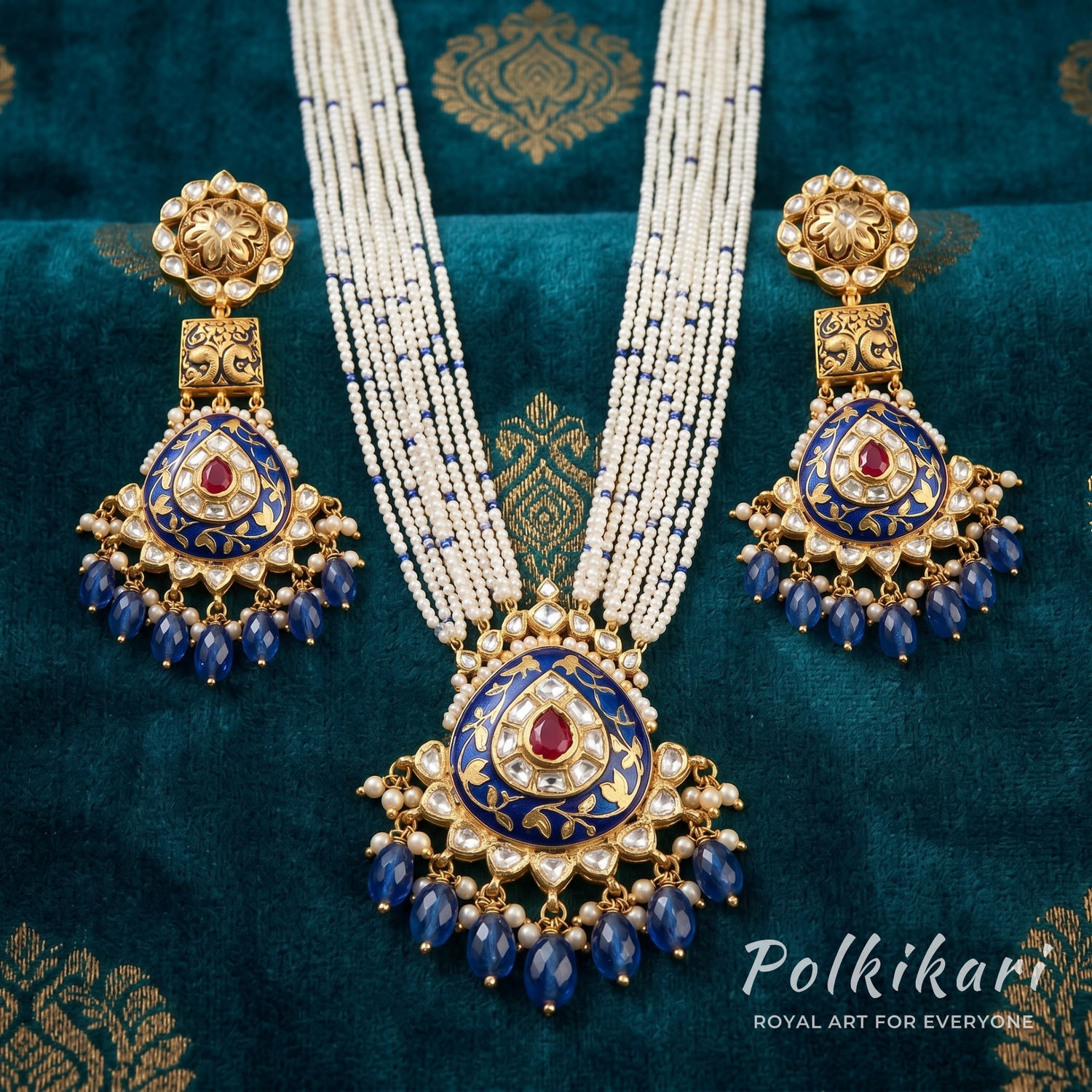 Navy Majesty Lab Grown Polki Pendant Set