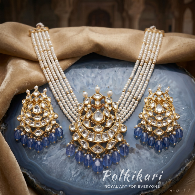 Periwinkle Petal Lab Grown Polki Pendant Set