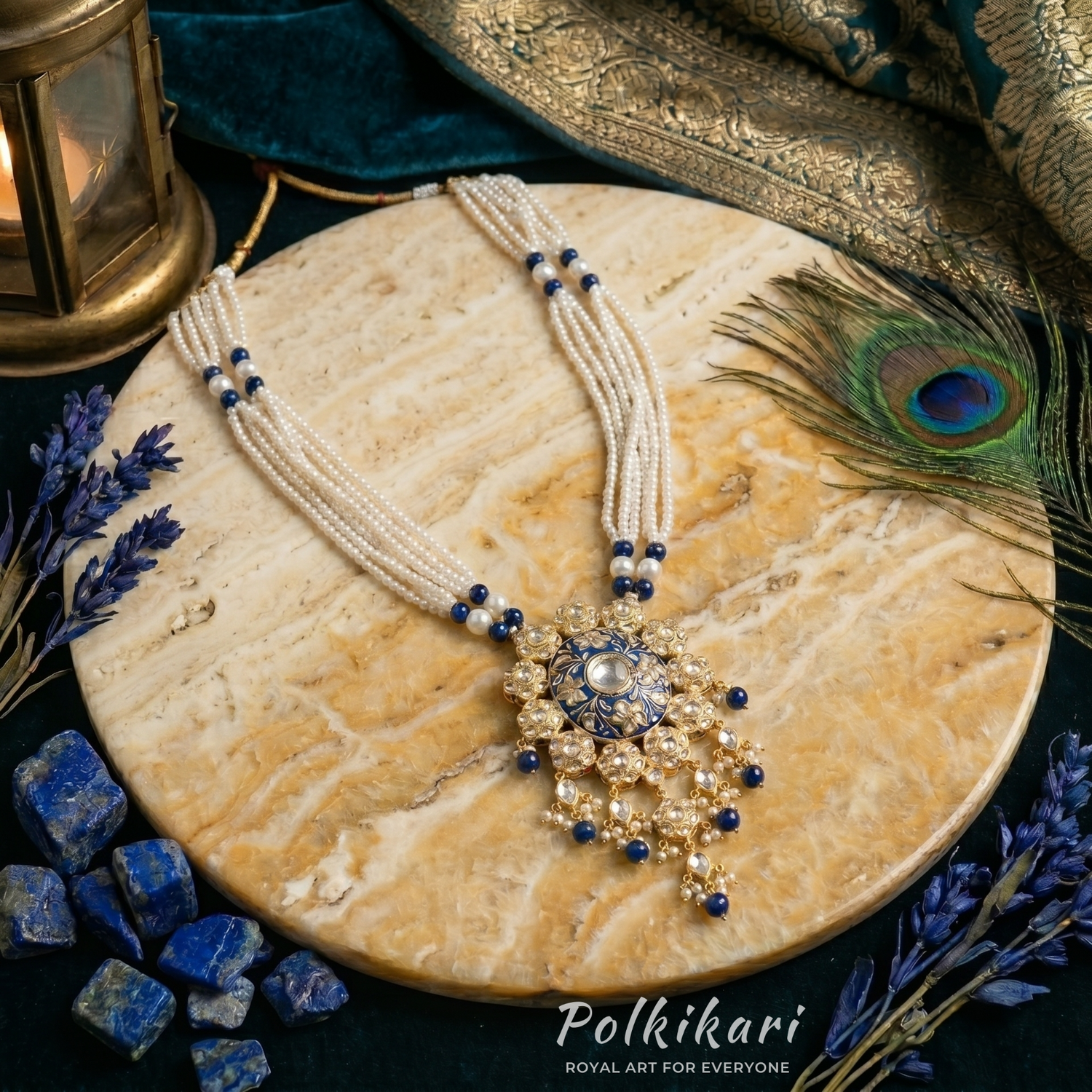 Azure Bloom Lab Grown Polki Pendant Set