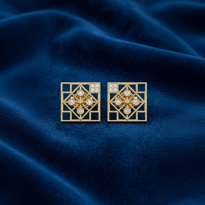Grid Matrix Studs Gold Plated Lab Grown Diamond Earrings