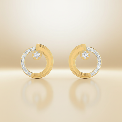 Gold earrings with circular design and embedded stones on a beige background