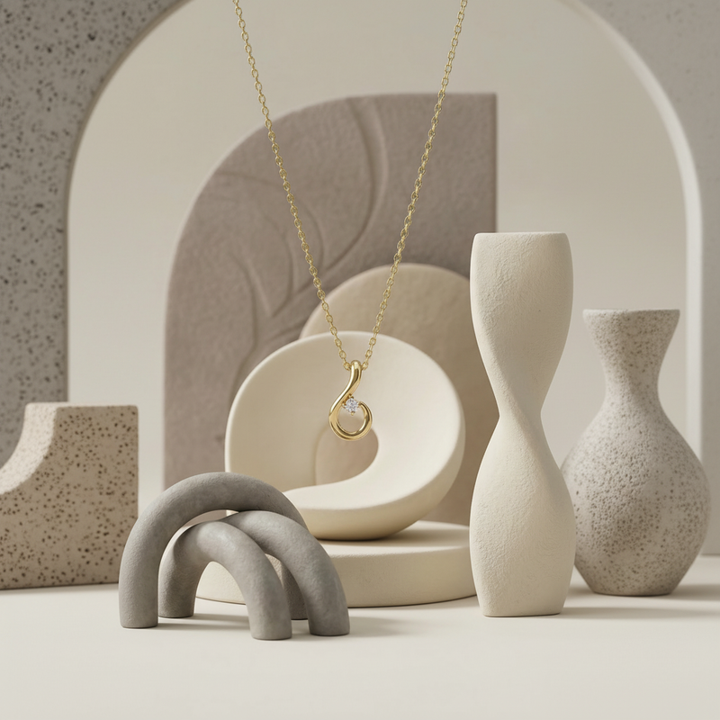 Gold necklace with a diamond pendant displayed against a neutral background with ceramic sculptures.