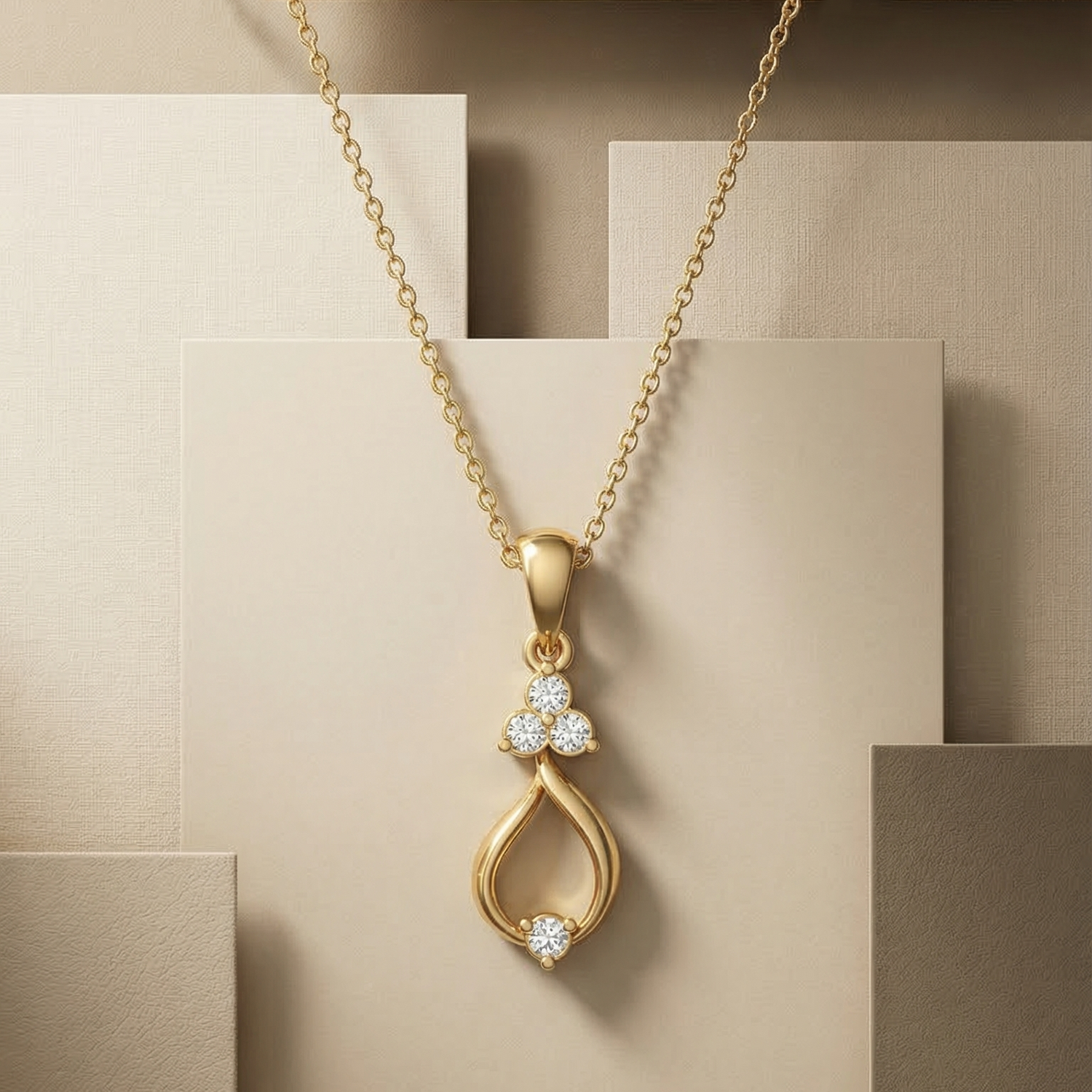 Elegant gold pendant necklace featuring a leaf-inspired design adorned with sparkling lab-grown diamonds on a geometric neutral background.