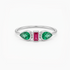 A silver ring featuring two green marquise-cut gemstones on either side of a central rectangular pink gemstone, set against a plain white background.