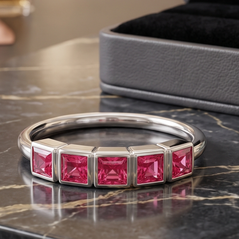 A polished silver bangle bracelet featuring five square-cut pink gemstones, displayed on a dark marble surface with a gray jewelry box in the background.