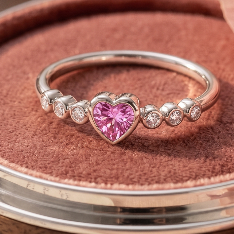 A silver-toned ring featuring a central heart-shaped pink gemstone and smaller clear stones on either side, displayed on a brown velvet ring box.